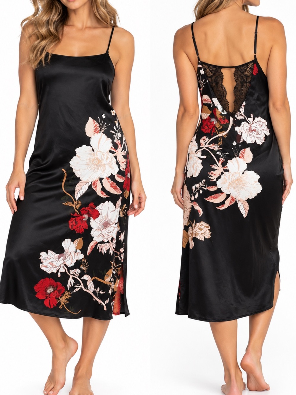 Stars Above Black Floral Satin Lace Back Midi Slip Nightgown Dress L